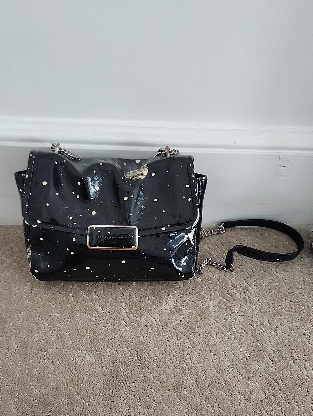 Marc Jacobs Black Patent Crossbody Bag with Polka Dots#0030